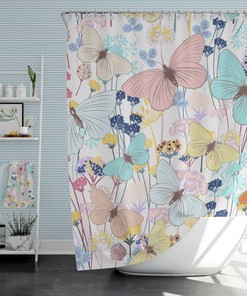 Pastel Watercolor Butterfly and Flowers Shower Curtain for Modern Bathroom