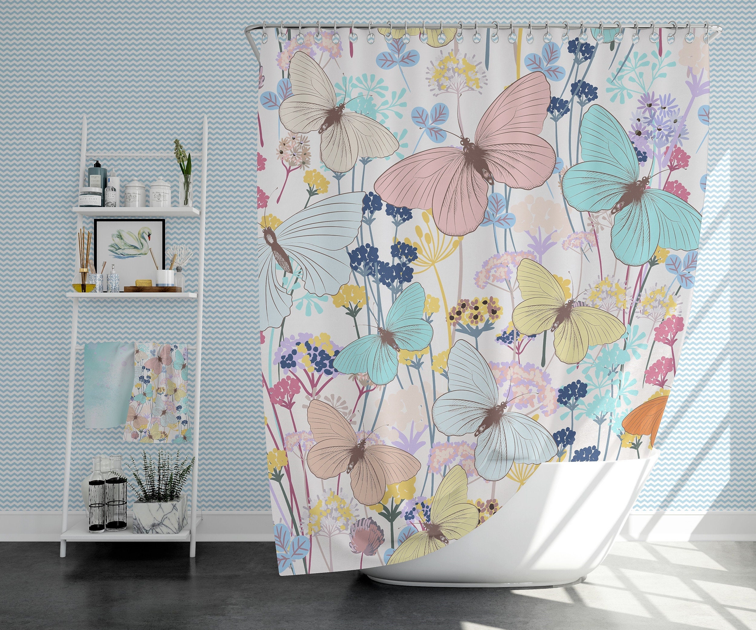 Pastel Watercolor Butterfly and Flowers Shower Curtain for Modern Bathroom