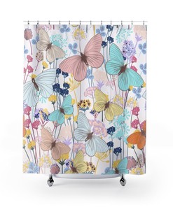 Pastel Watercolor Butterfly and Flowers Shower Curtain for Modern Bathroom