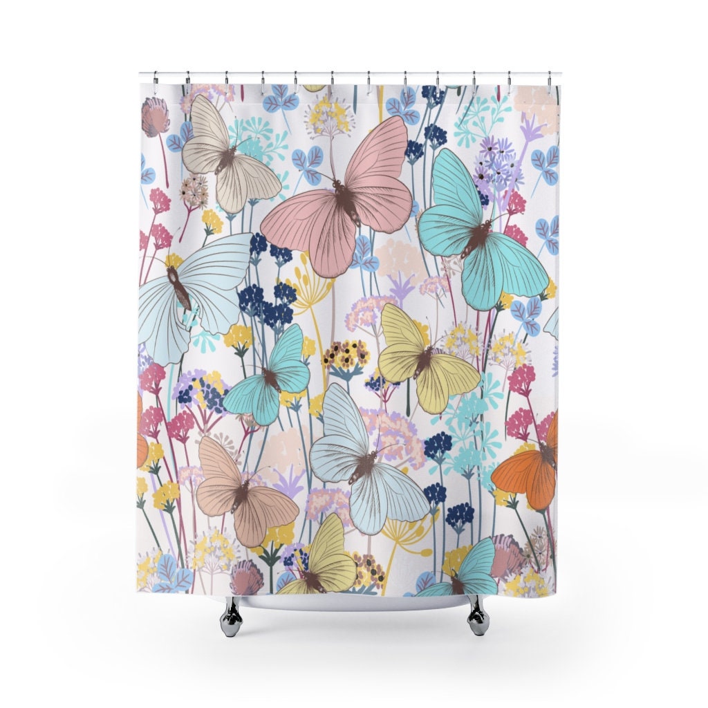 Pastel Watercolor Butterfly and Flowers Shower Curtain for Modern Bathroom