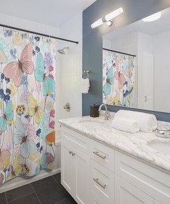 Pastel Watercolor Butterfly and Flowers Shower Curtain for Modern Bathroom