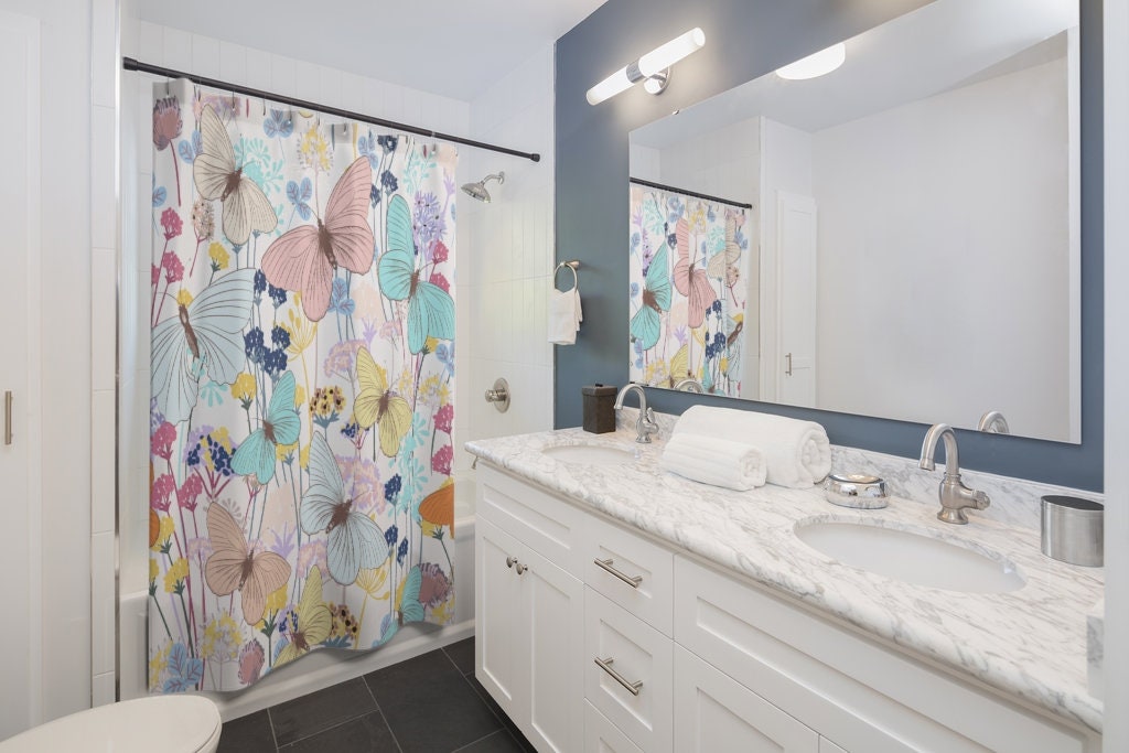 Pastel Watercolor Butterfly and Flowers Shower Curtain for Modern Bathroom