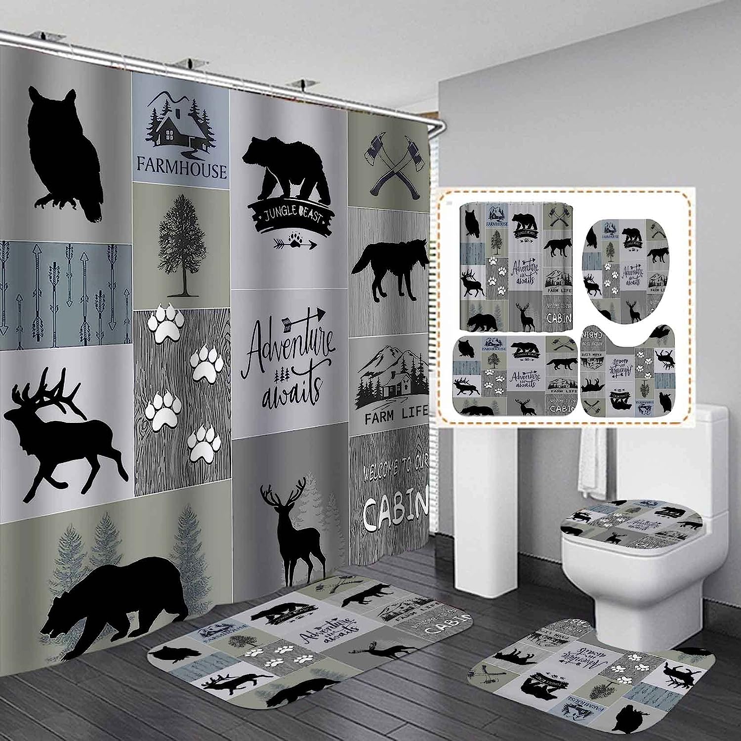 Patchwork Wildlife Animals Shower Curtain For A Rustic Farmhouse Bathroom Decor
