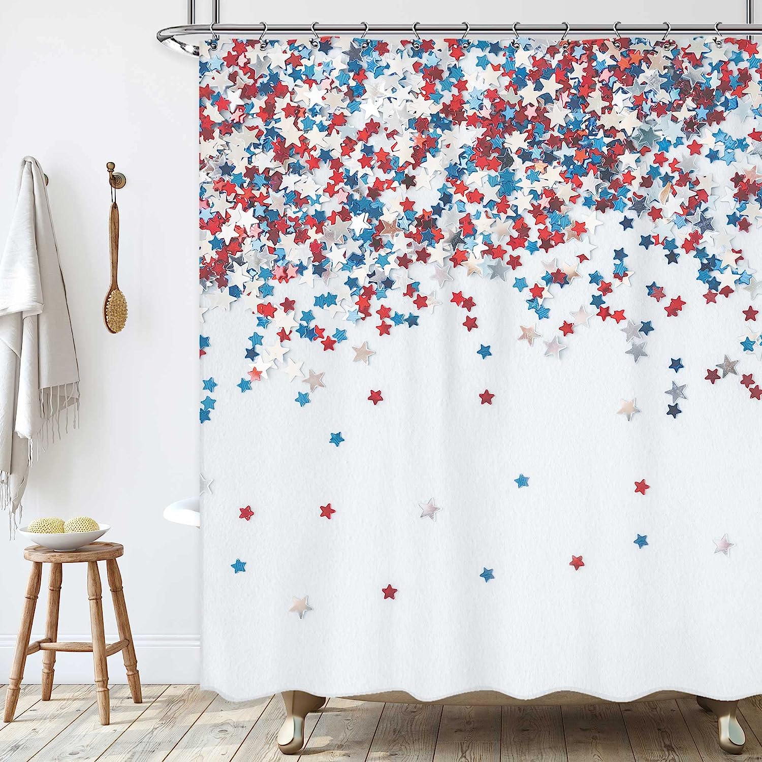 Patriotic 4th of July Shower Curtain American Flag Bath Decor Rustic Wooden Board Firework Bathtub Decoration