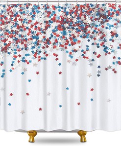 Patriotic 4th of July Shower Curtain American Flag Bath Decor Rustic Wooden Board Firework Bathtub Decoration