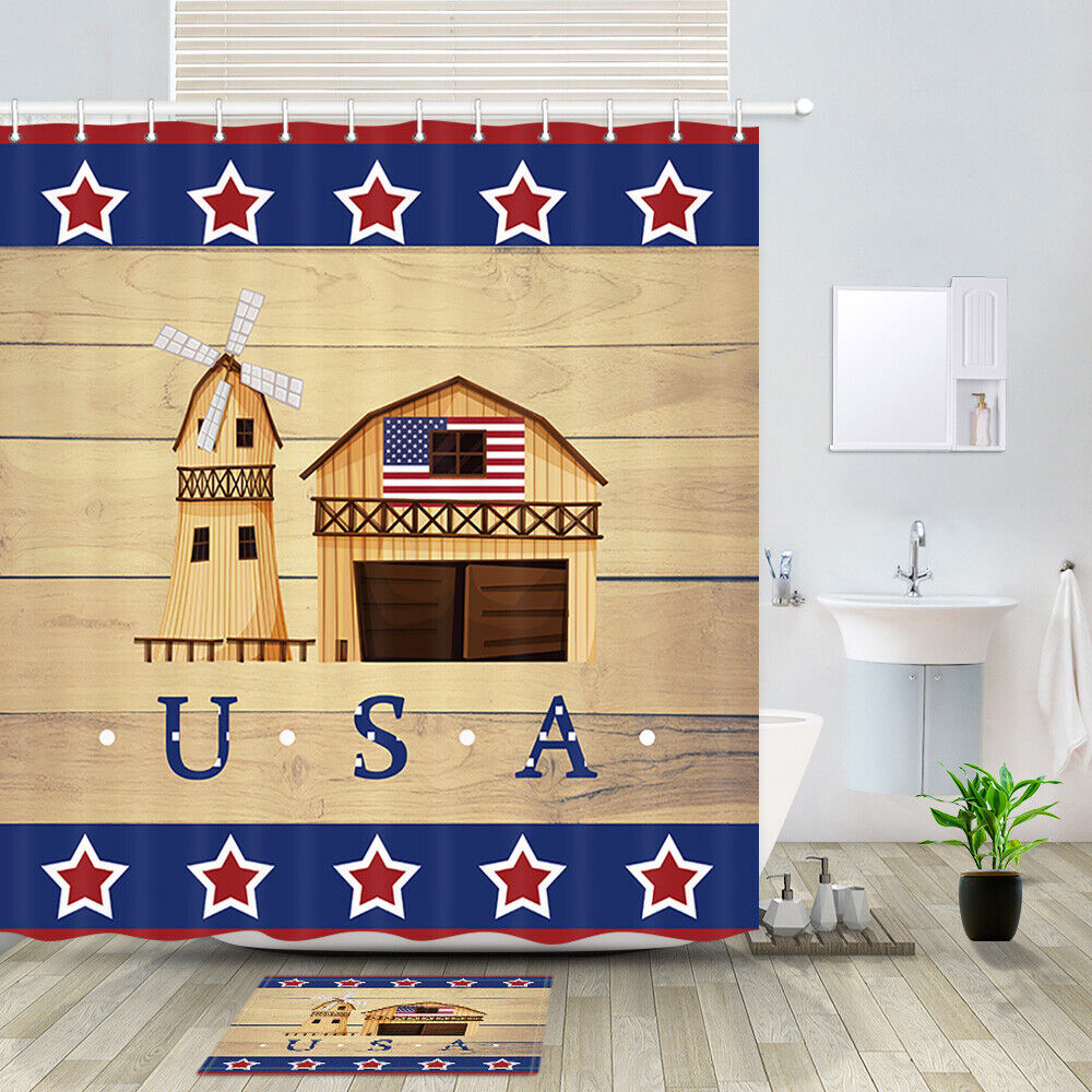 Patriotic American Farm And Stars Print Shower Curtain Fabric Decor