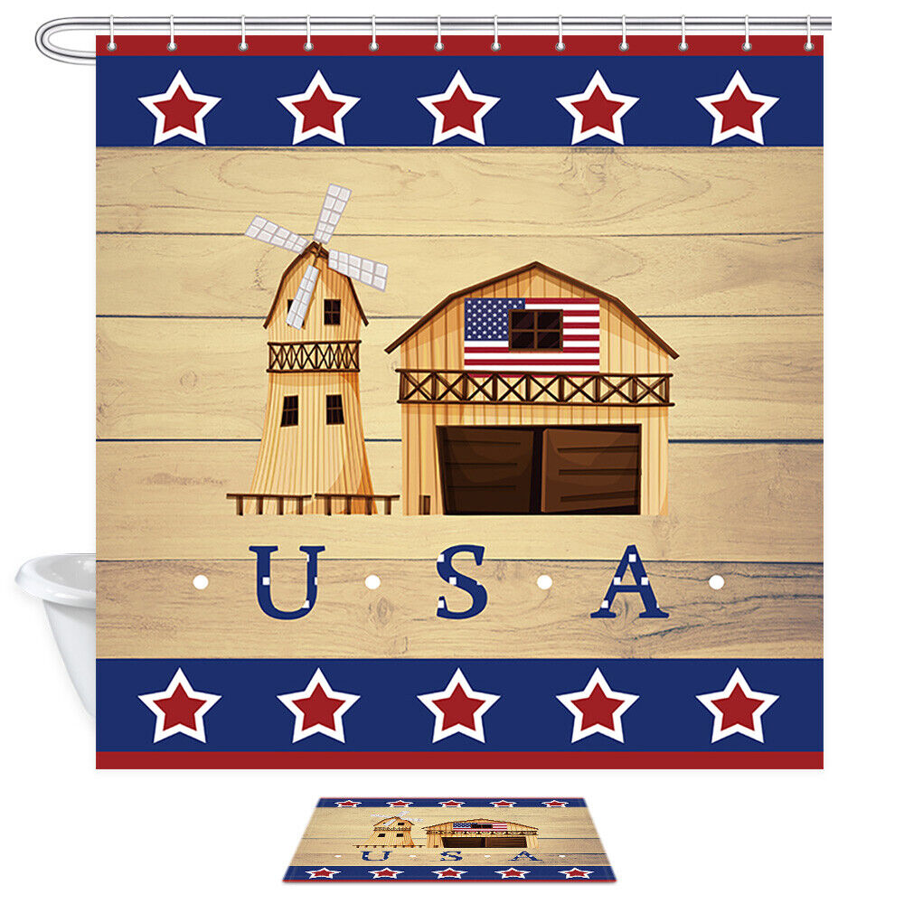 Patriotic American Farm And Stars Print Shower Curtain Fabric Decor - Image 2