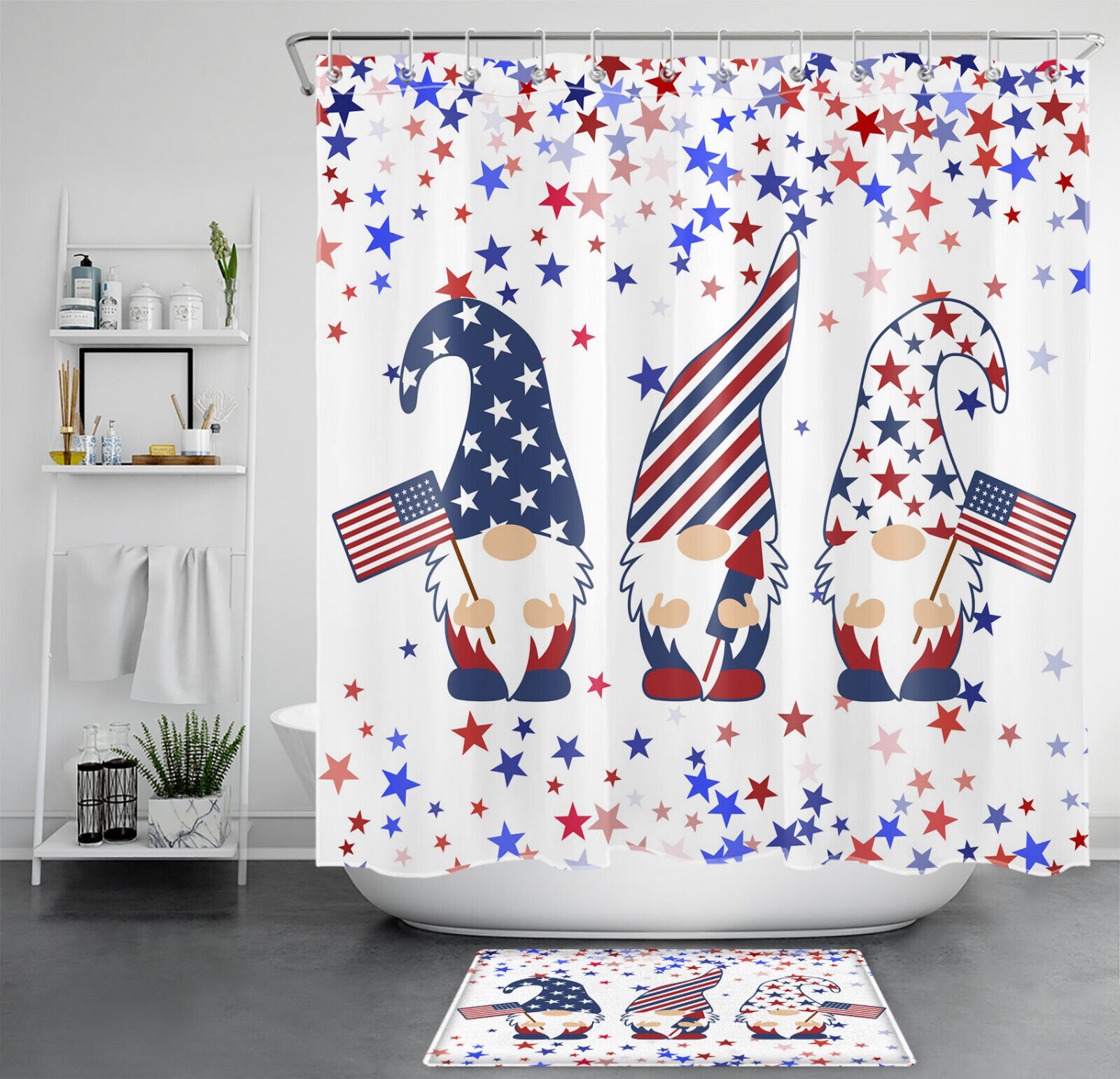 Patriotic Blue And Red Stars Gnome Shower Curtain For Bathroom Decor