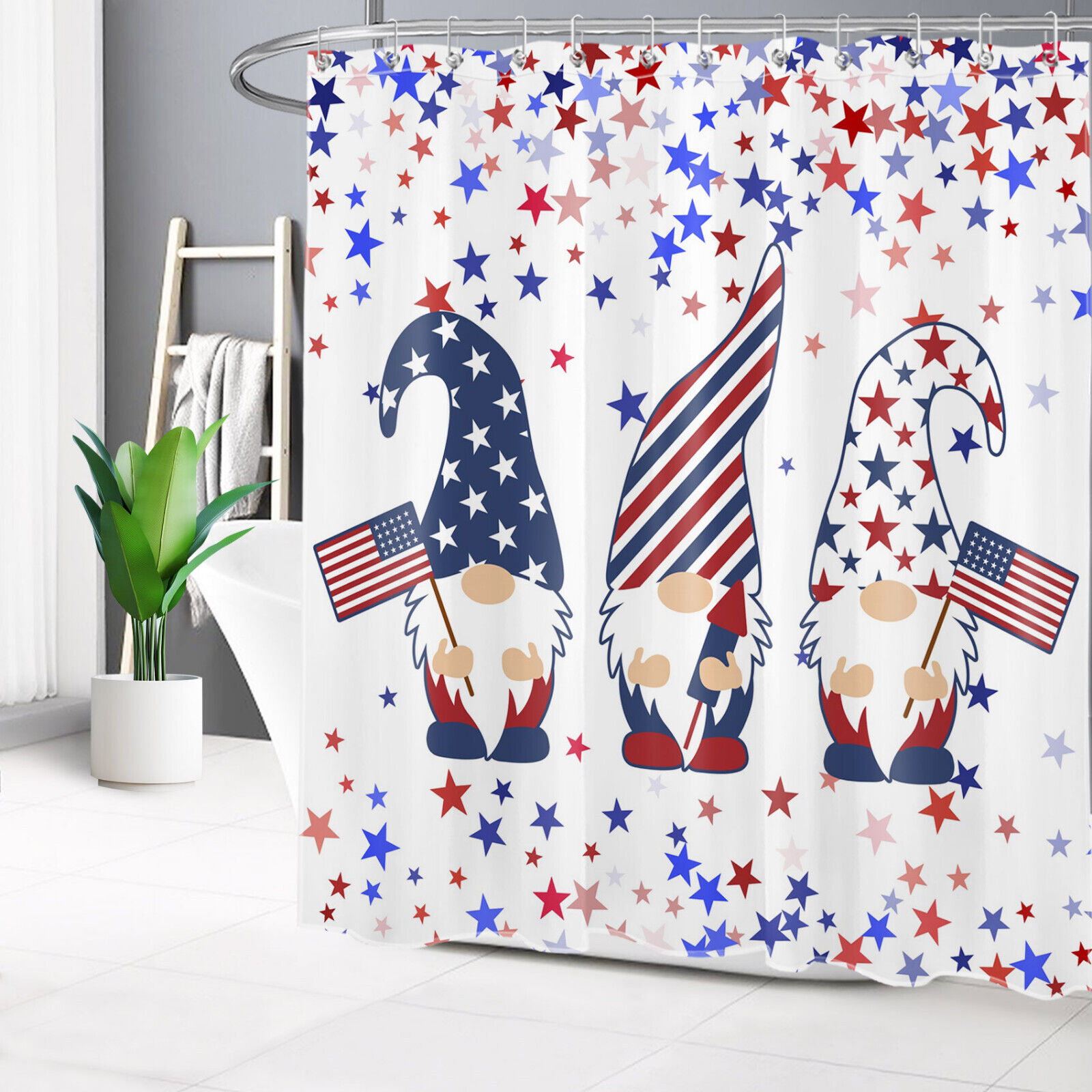 Patriotic Blue And Red Stars Gnome Shower Curtain For Bathroom Decor - Image 2