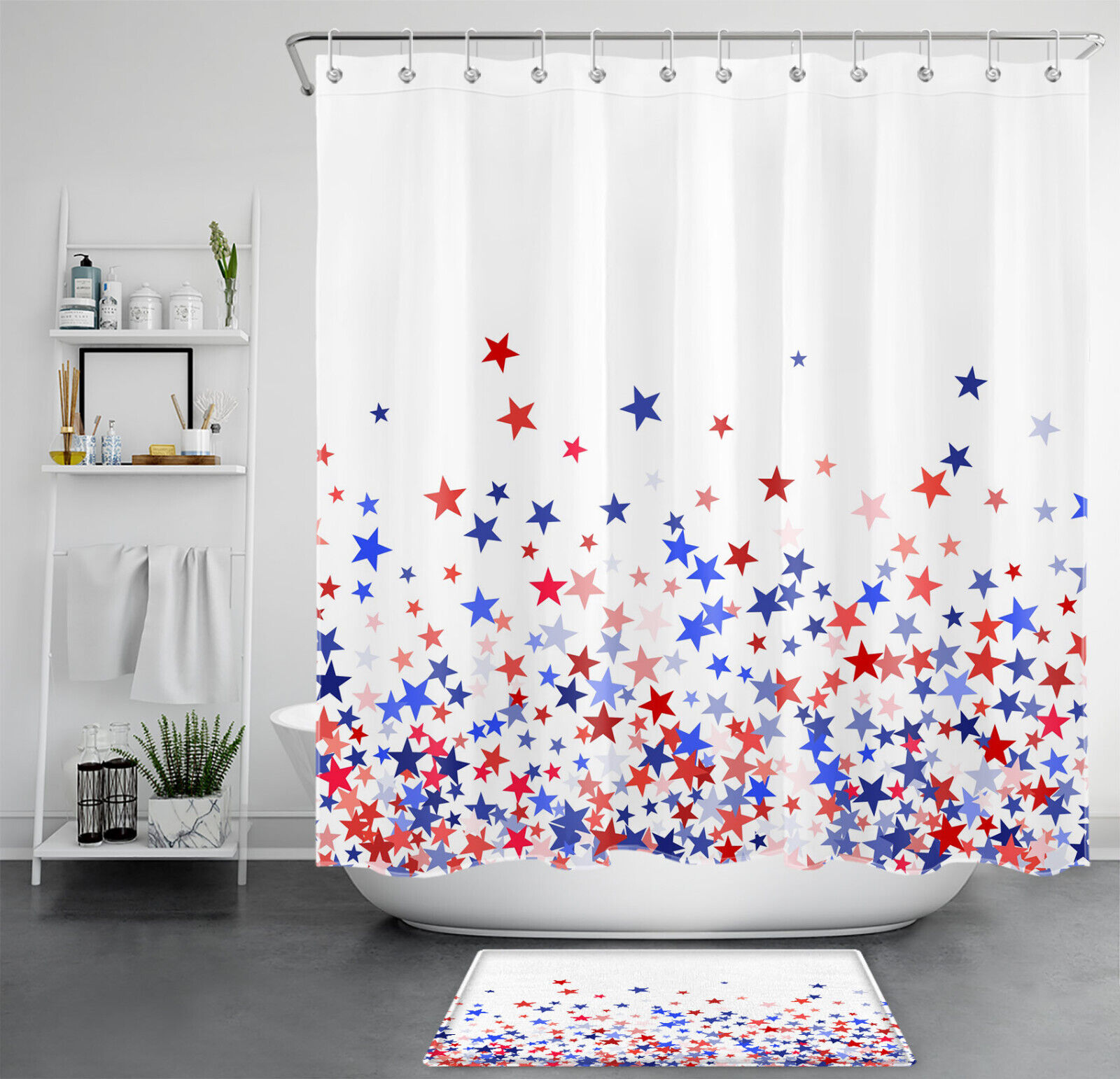 Patriotic Blue Stars Print Shower Curtain, Ideal for Independence Day Bathroom Decor