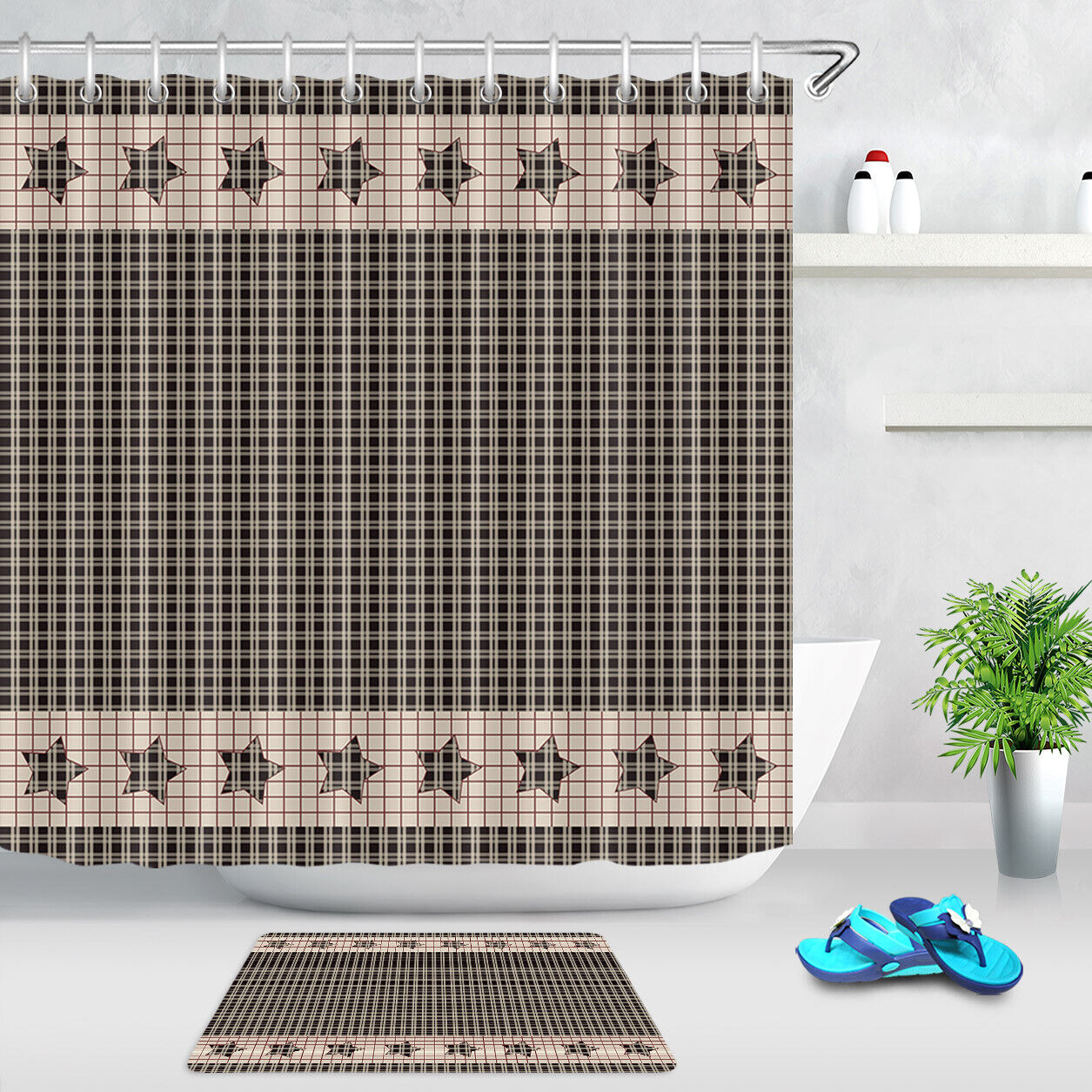 Patriotic Checkered Stars and Stripes Shower Curtain for Bathroom Decor