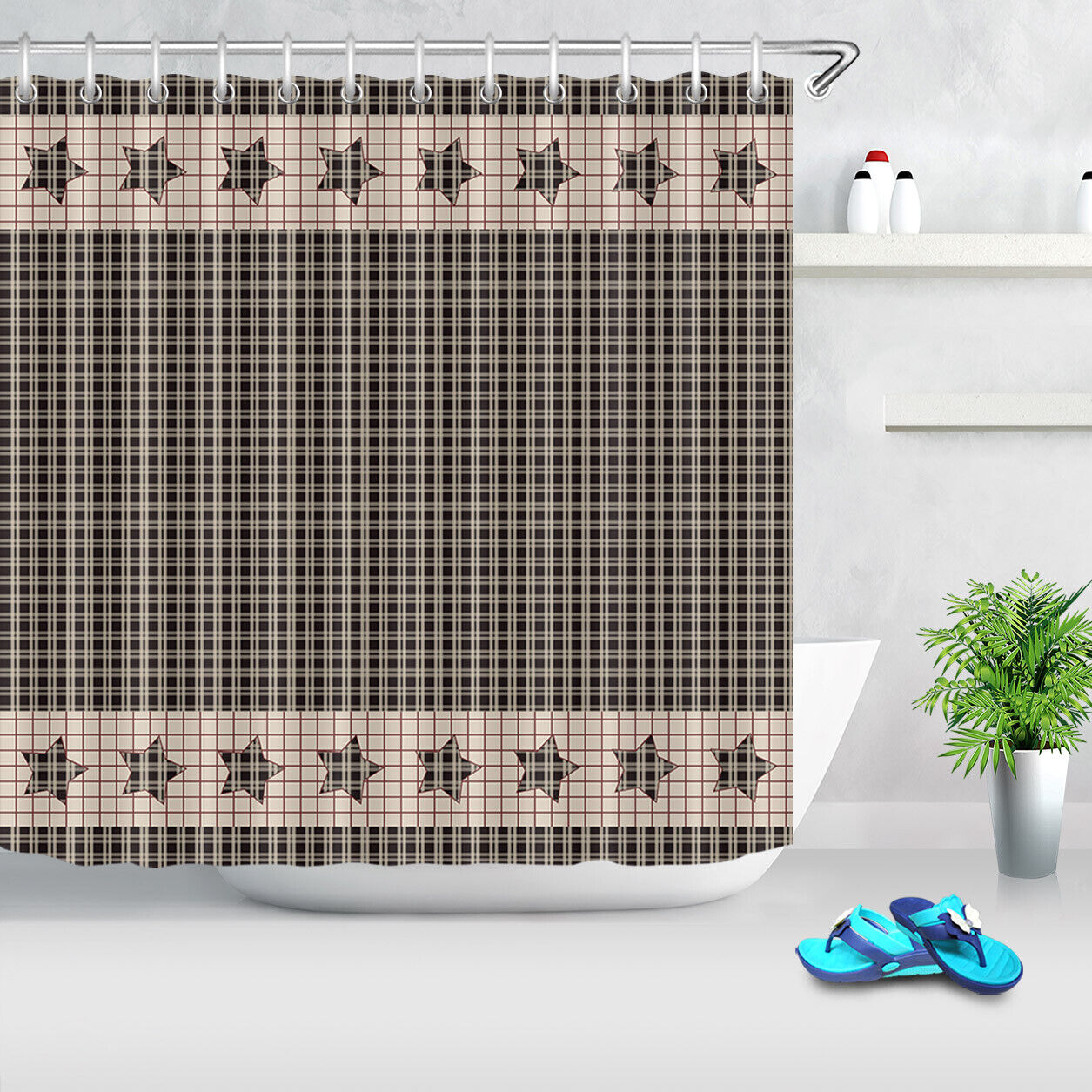 Patriotic Checkered Stars and Stripes Shower Curtain for Bathroom Decor