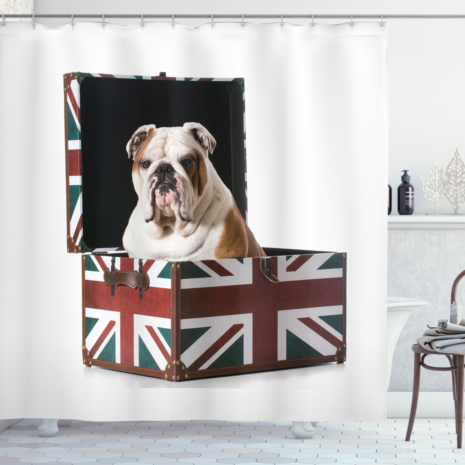 Patriotic English Bulldog Print Shower Curtain, Animal Lover Bathroom Accessory