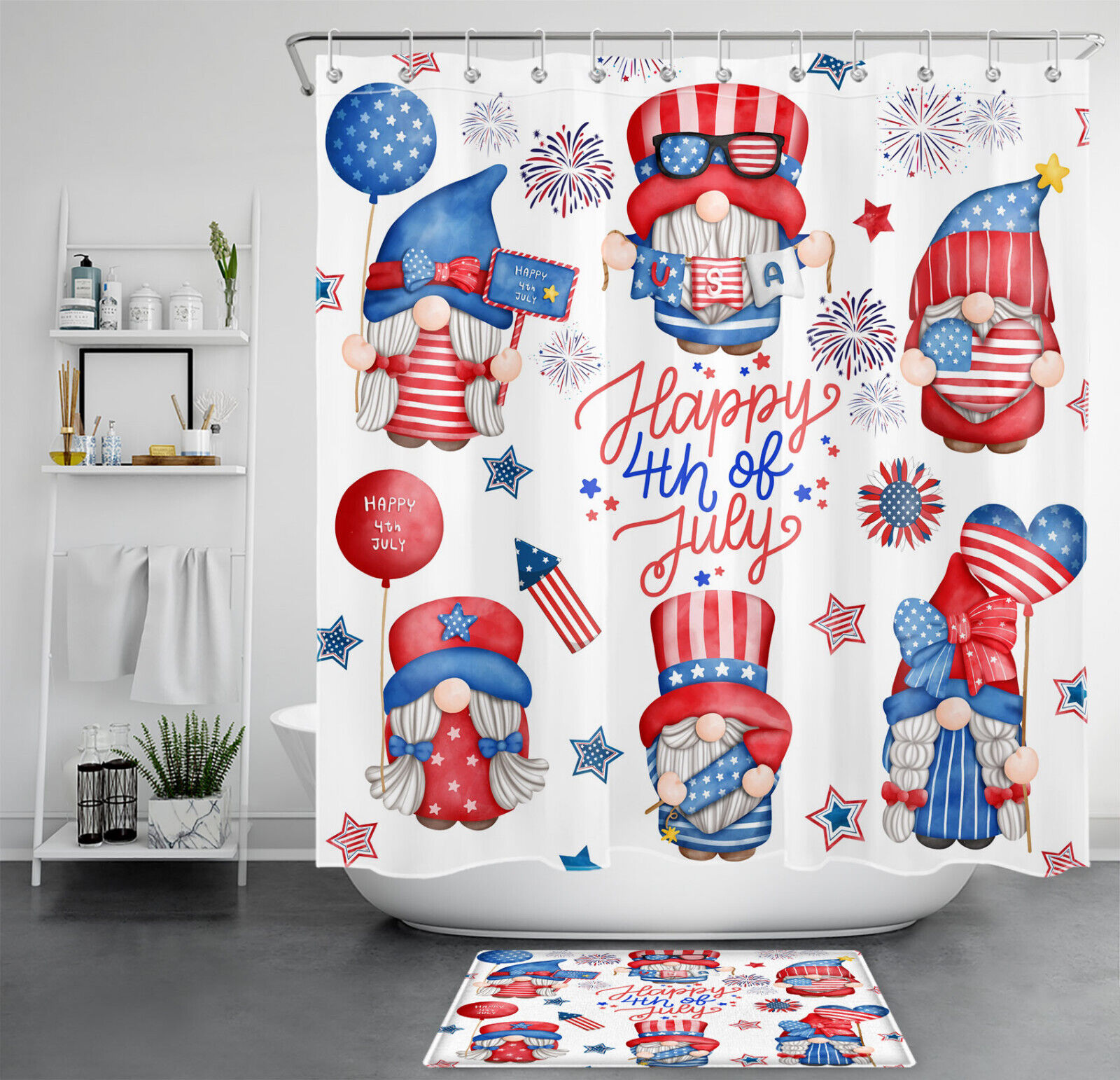 Patriotic Gnome Shower Curtain with Star Accents for Unique Bathroom Decor