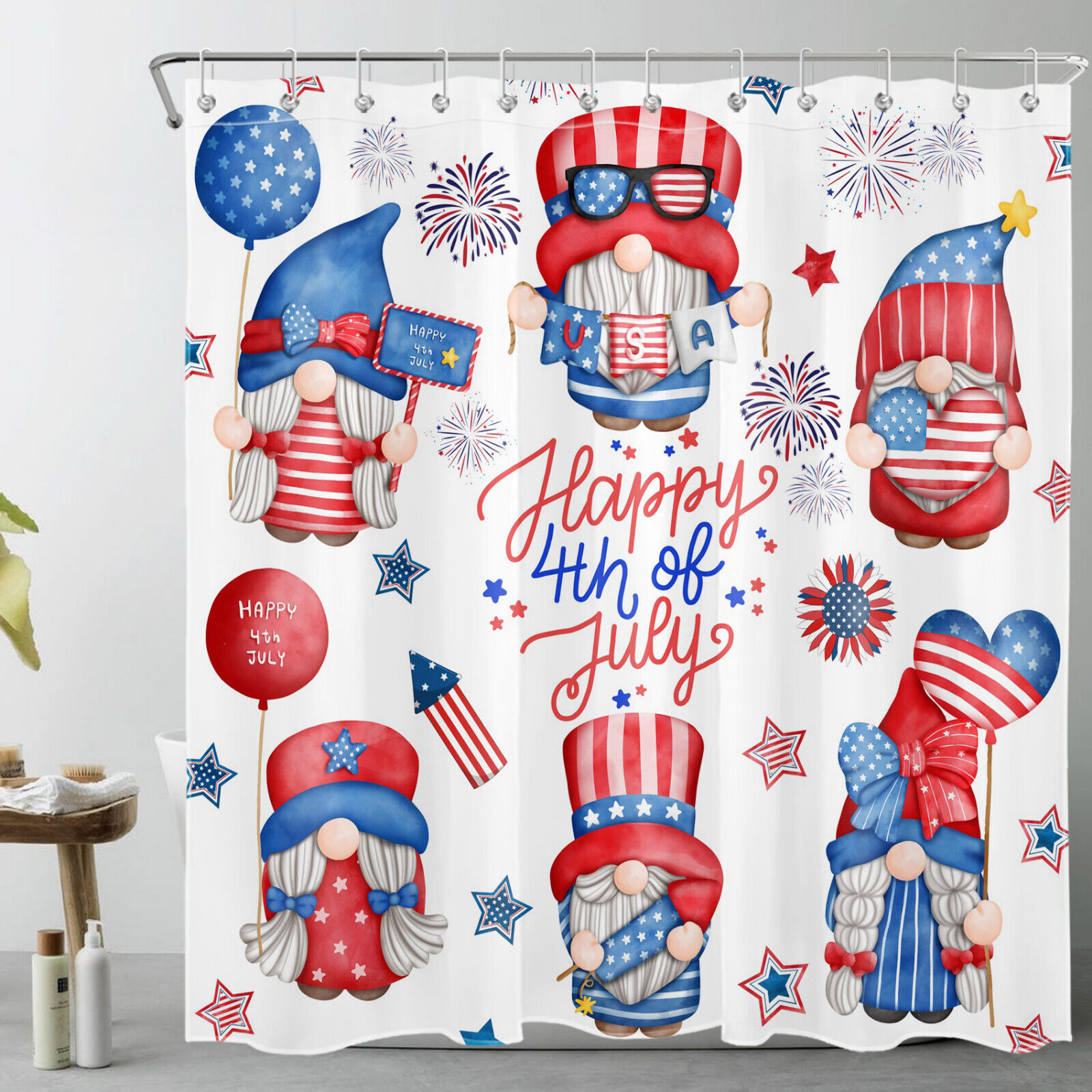 Patriotic Gnome Shower Curtain with Star Accents for Unique Bathroom Decor