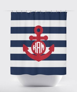 Patriotic Nautical Anchor Shower Curtain with Red Monogram and Navy Blue Stripes for Your Bathroom Decor