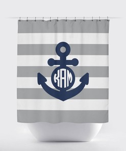 Patriotic Nautical Anchor Shower Curtain with Red Monogram and Navy Blue Stripes for Your Bathroom Decor