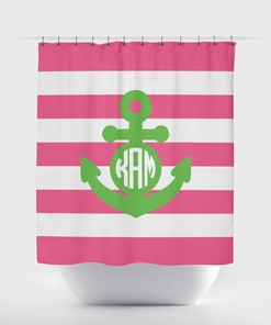 Patriotic Nautical Anchor Shower Curtain with Red Monogram and Navy Blue Stripes for Your Bathroom Decor