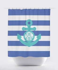 Patriotic Nautical Anchor Shower Curtain with Red Monogram and Navy Blue Stripes for Your Bathroom Decor