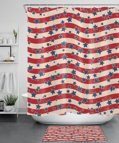 Patriotic Red Beige Striped Shower Curtain With Blue Star Design