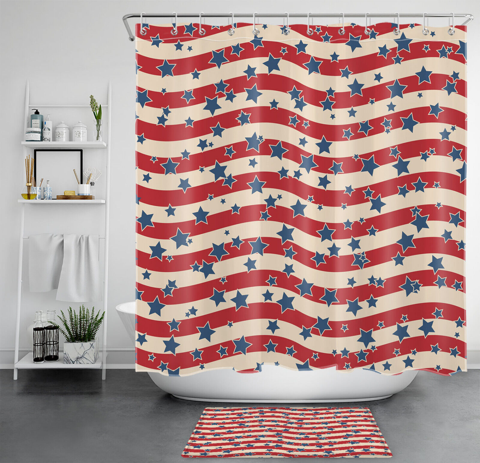 Patriotic Red Beige Striped Shower Curtain With Blue Star Design