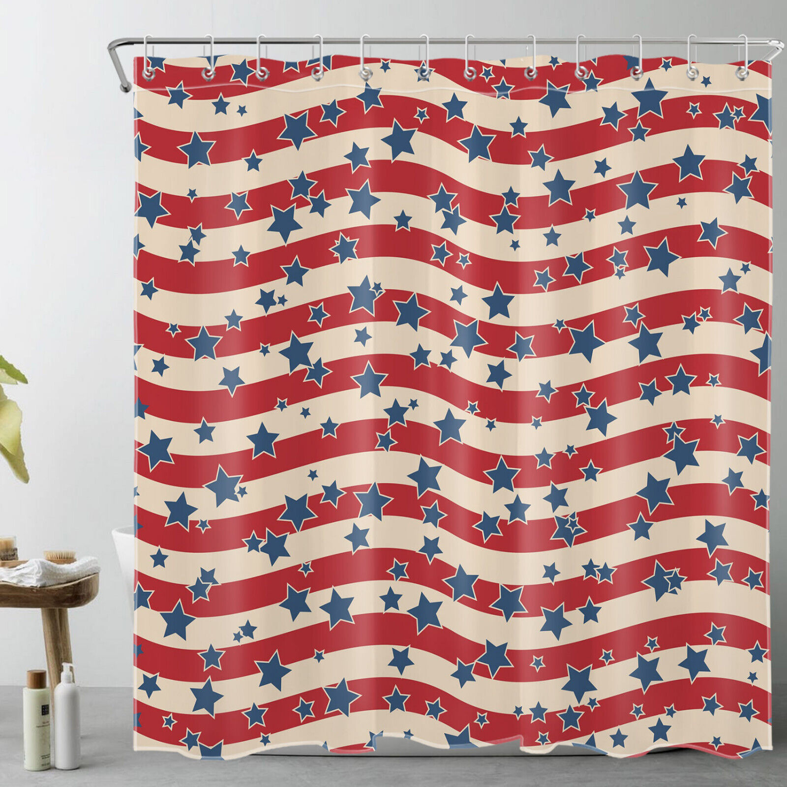Patriotic Red Beige Striped Shower Curtain With Blue Star Design - Image 2