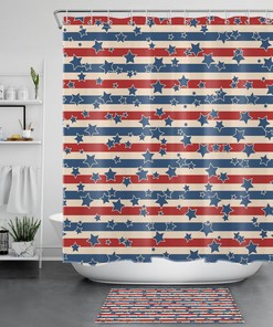 Patriotic Shower Curtain with Red and Blue Stripes and Star Accent