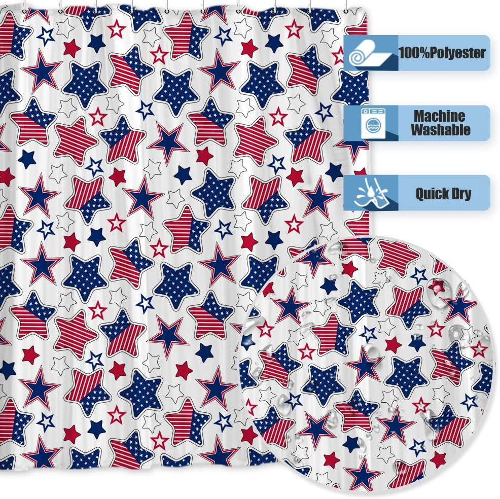 Patriotic Stars Shower Curtain - 4th of July Independence Day Red, Blue Stars Theme