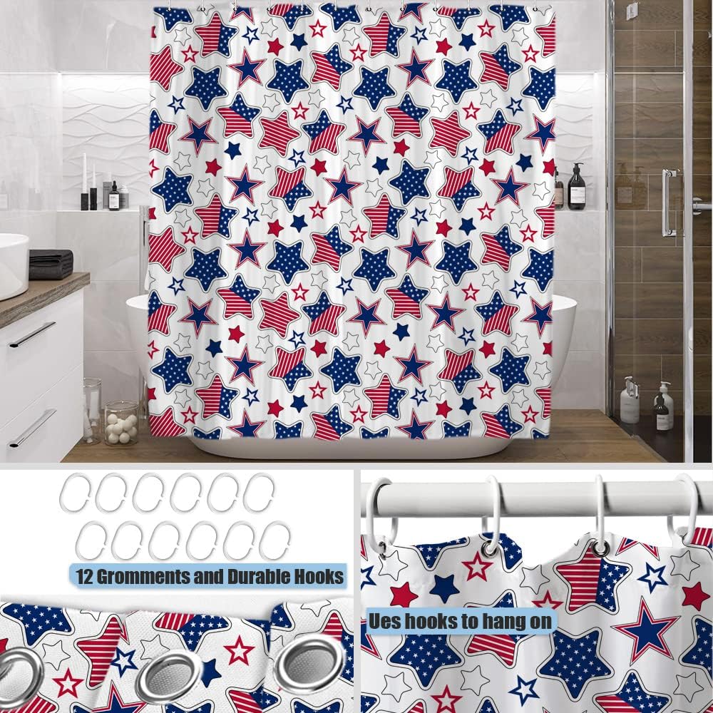 Patriotic Stars Shower Curtain - 4th of July Independence Day Red, Blue Stars Theme