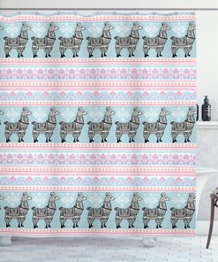 Patterned Alpaca Llama Shower Curtain - Native Ethnic Bathroom Curtain with Colorful Design 