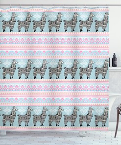 Patterned Alpaca Llama Shower Curtain - Native Ethnic Bathroom Curtain with Colorful Design 