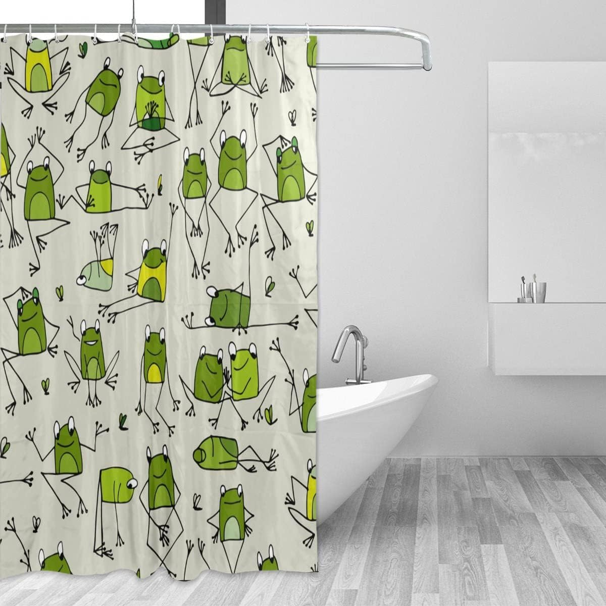 Patterned Frogs Bath Shower Curtain with Fabric and 12 Curtain Bathroom Accessories, Waterproof Bathroom Decor Curtain