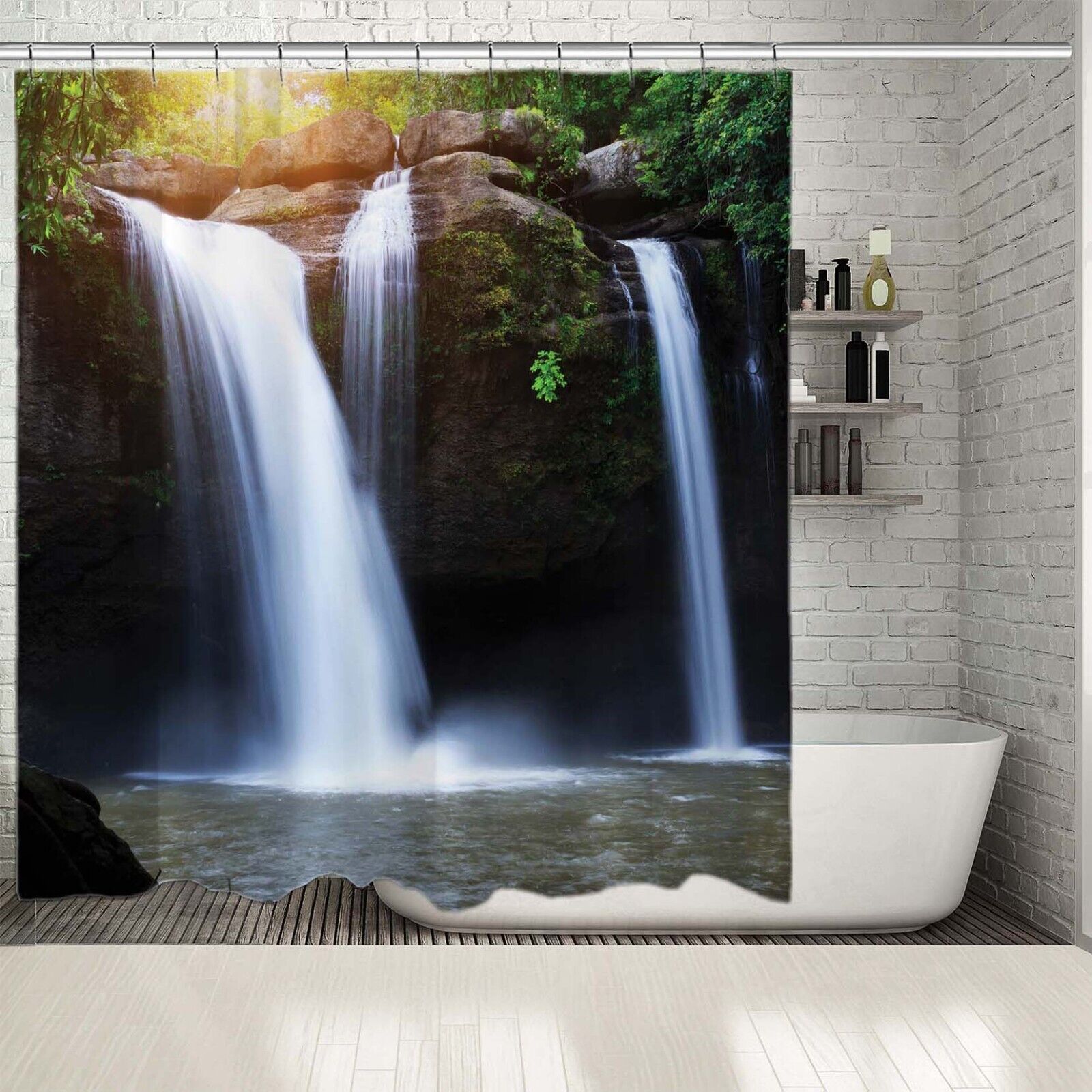 Peaceful Waterfall And Forest Nature View Shower Curtain With Waterproof Fabric - Image 2
