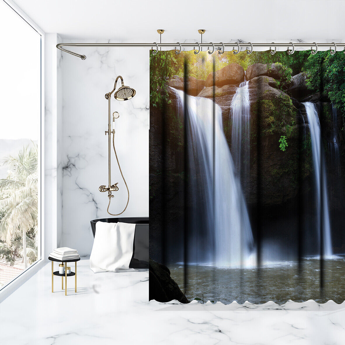 Peaceful Waterfall And Forest Nature View Shower Curtain With Waterproof Fabric - Image 3