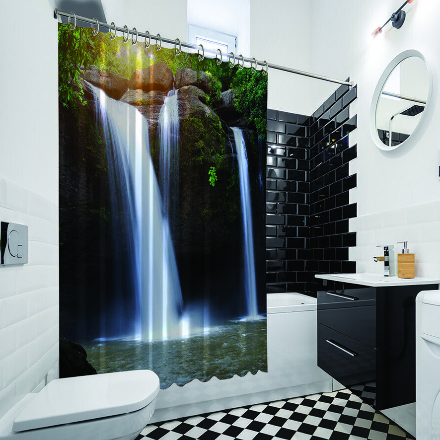 Peaceful Waterfall And Forest Nature View Shower Curtain With Waterproof Fabric - Image 4