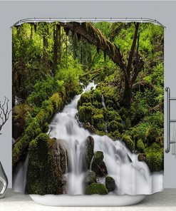 Peaceful Wild Forest Waterfall Shower Curtain With Scenic Print For Calming Bathroom Decor