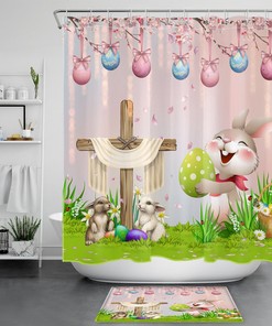 Peach Blossom Rabbit Easter Eggs Shower Curtain Bathroom Accessories Set with Plant Print