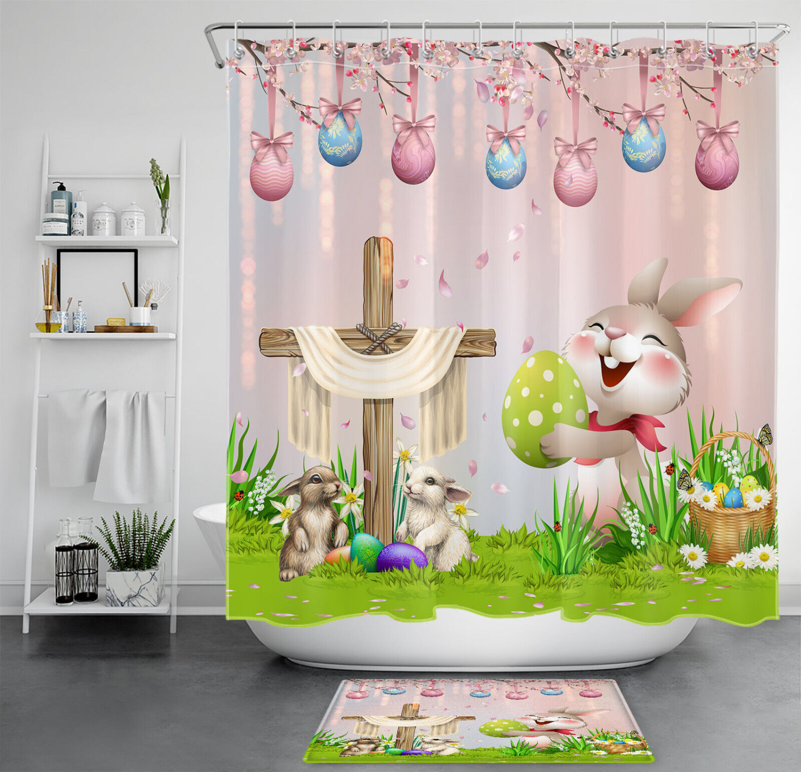 Peach Blossom Rabbit Easter Eggs Shower Curtain Bathroom Accessories Set with Plant Print