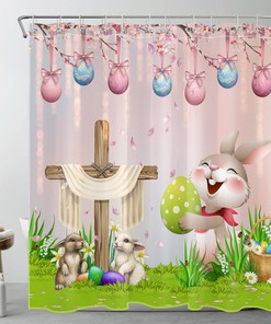 Peach Blossom Rabbit Easter Eggs Shower Curtain Bathroom Accessories Set with Plant Print
