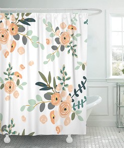 Peach Coral Floral Shower Curtain On White Background, Summer Beach Bathroom Accessory 