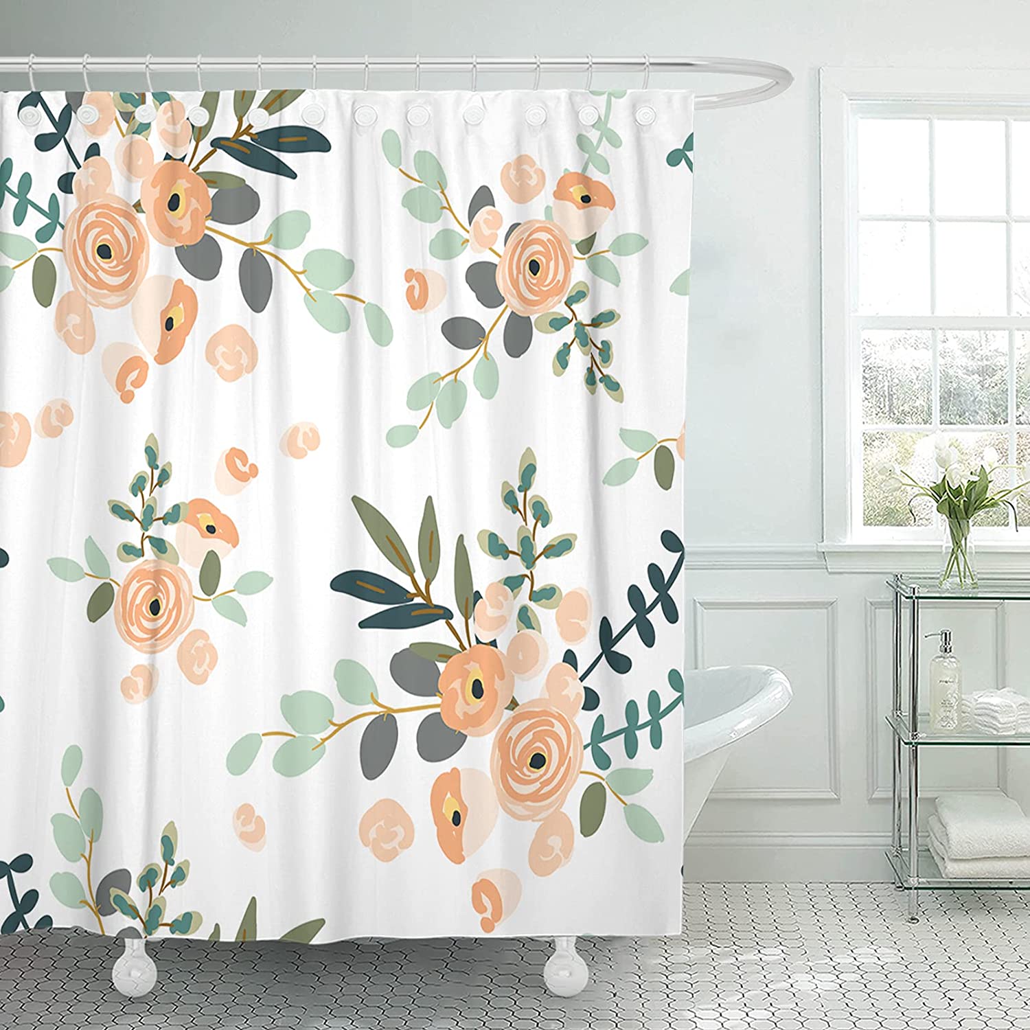 Peach Coral Floral Shower Curtain On White Background, Summer Beach Bathroom Accessory