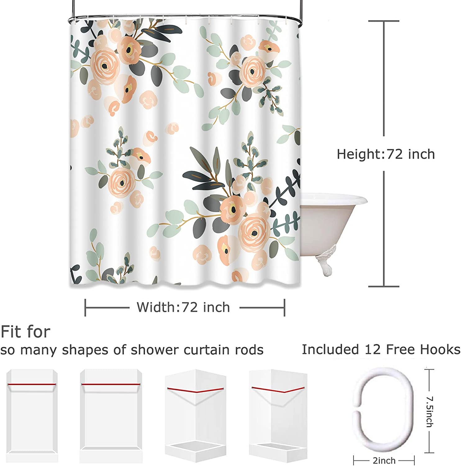 Peach Coral Floral Shower Curtain On White Background, Summer Beach Bathroom Accessory
