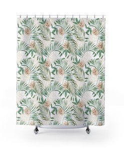 Peach Floral and Palm Leaf Shower Curtain - Feminine Bathroom Accessory