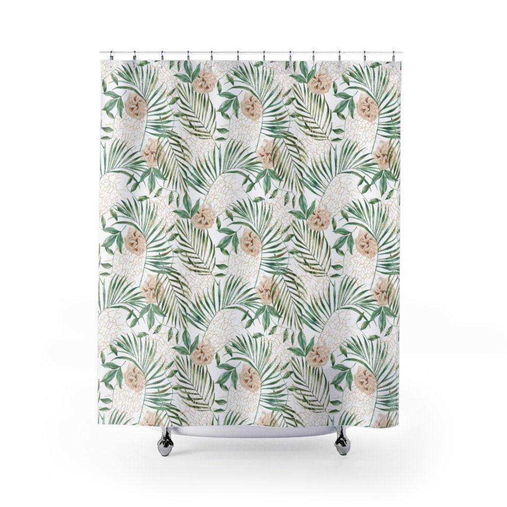 Peach Floral and Palm Leaf Shower Curtain - Feminine Bathroom Accessory