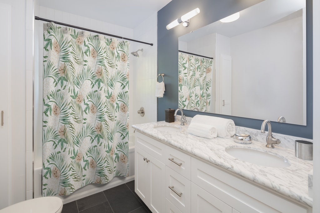 Peach Floral and Palm Leaf Shower Curtain - Feminine Bathroom Accessory