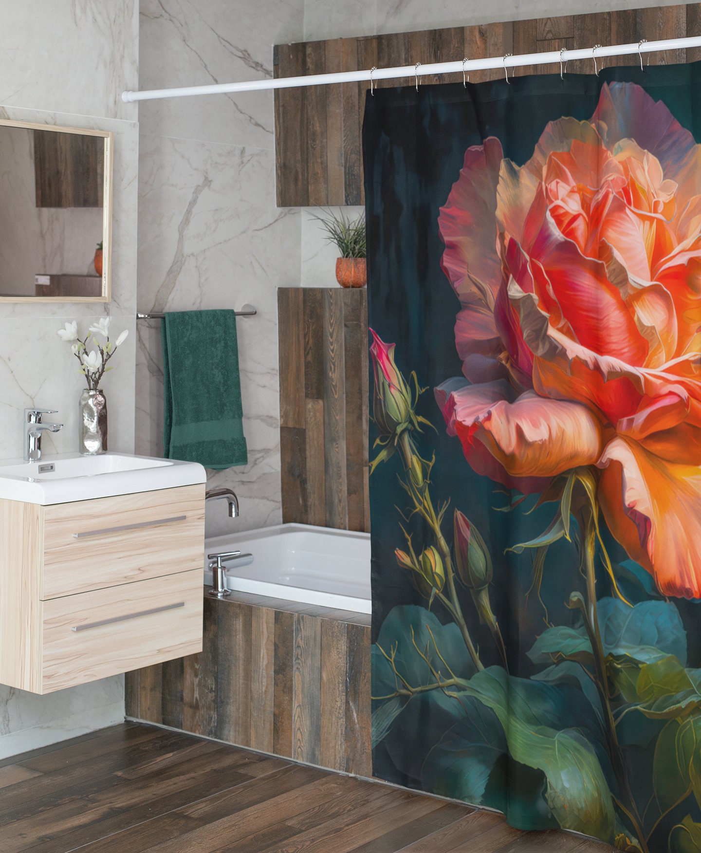 Peach Rose Shower Curtain with NY State Flower for an Elegant Bathroom Decor