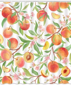 Peach Shower Curtain, Boho Cute Summer Fruit Watercolor Orange Blossom Pink Flower Green Leaves - Edomgnih