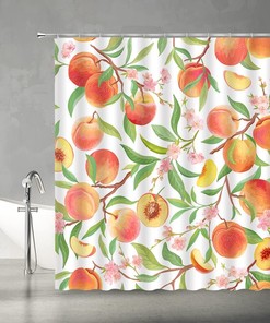 Peach Shower Curtain, Boho Cute Summer Fruit Watercolor Orange Blossom Pink Flower Green Leaves - Edomgnih