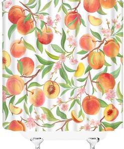 Peach Shower Curtain, Boho Cute Summer Fruit Watercolor Orange Blossom Pink Flower Green Leaves - Edomgnih