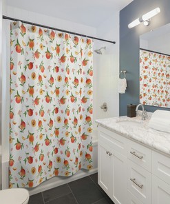 Peach Shower Curtain with Floral Orange Bathroom Matching Curtains